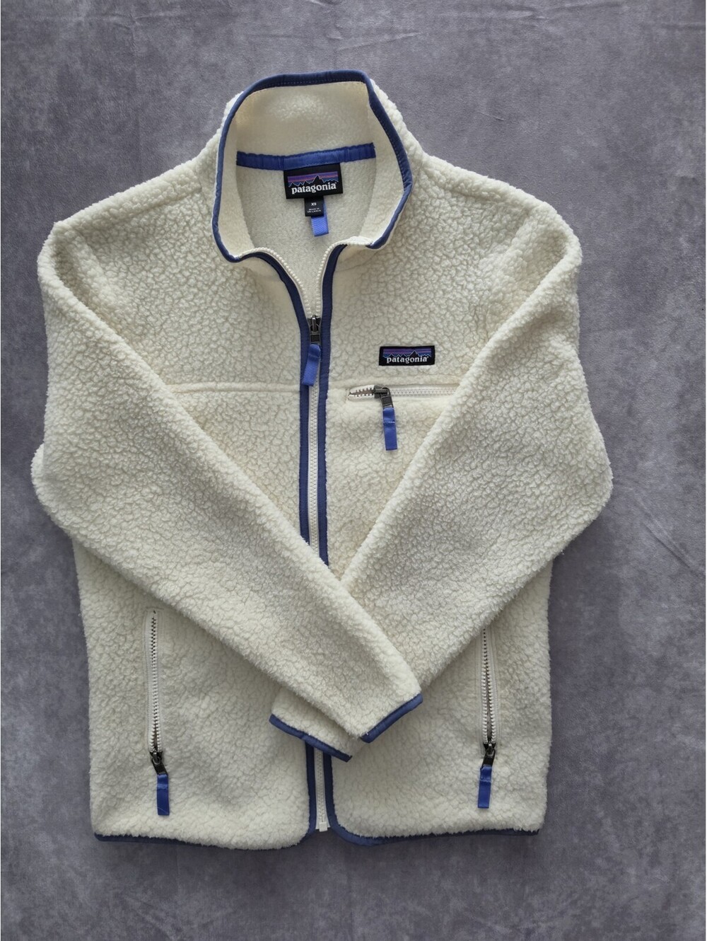 SKU0291 Patagonia Retro Pile Womens XS Ivory Sherpa Fleece Full Zip Jacket Blue